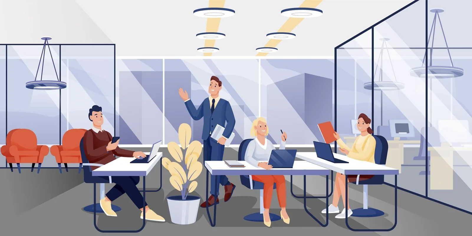 Команда в сучасному офісі обговорює корпоративну культуру